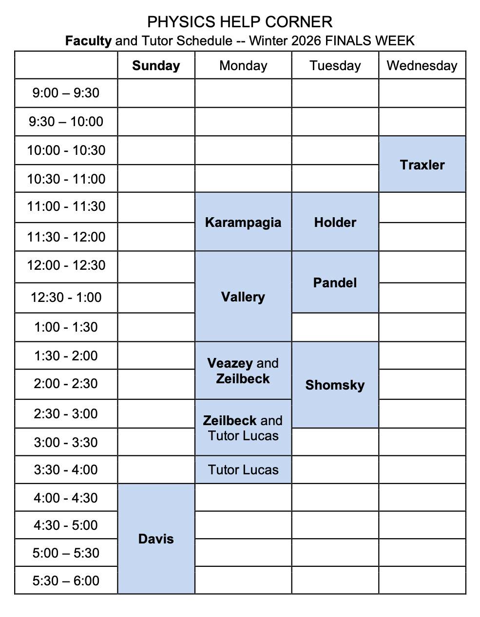 W2026 finals week schedule for the Physics Help Corner